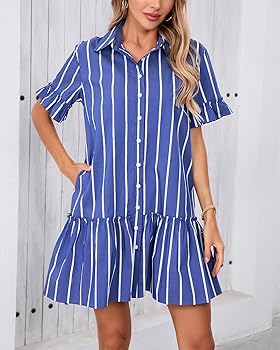 YEXPINE Women's Cotton Linen Ruffle Mini Dress Short Sleeve Button